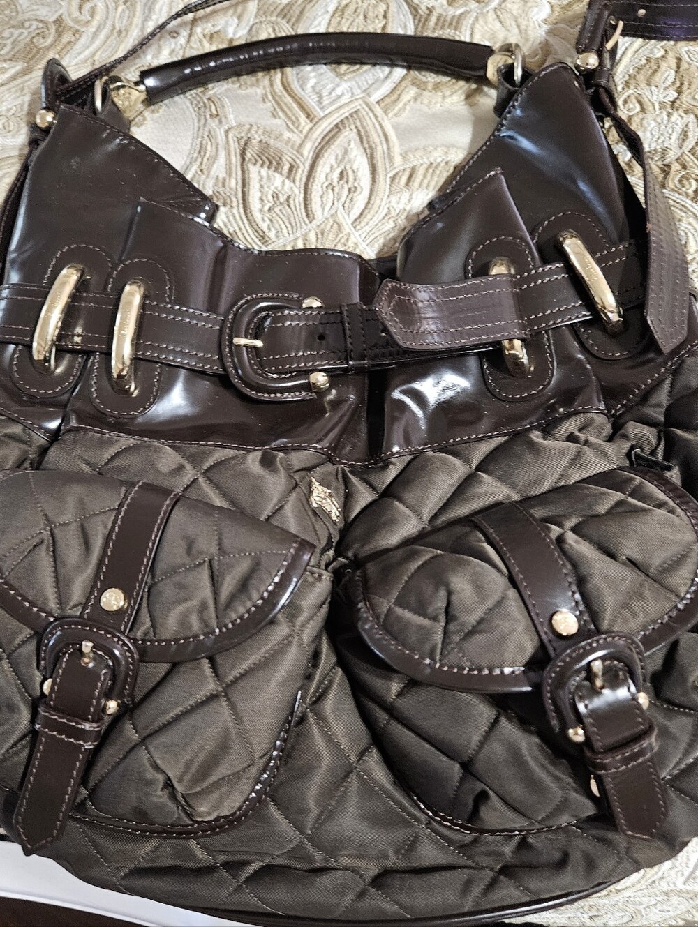 Quilted Dark Brown Shoulder Bag with Buckle Accents